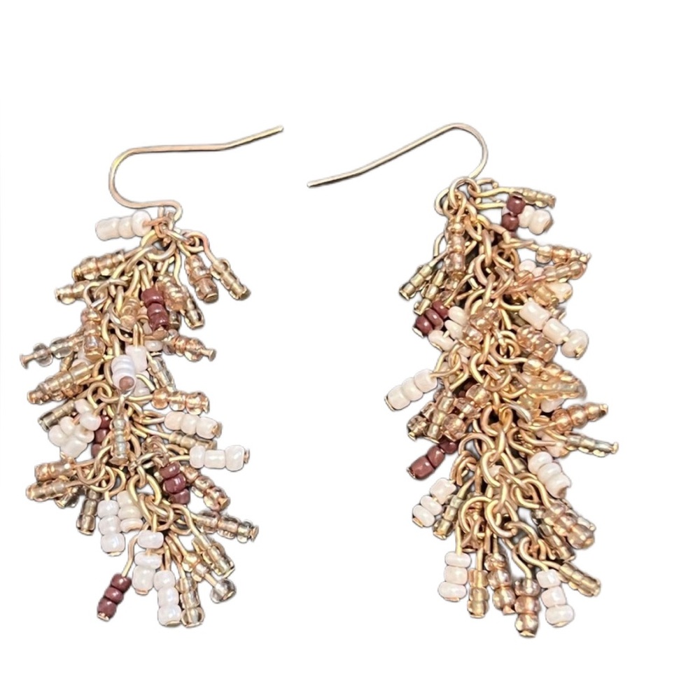 Boho Seed Bead Fringe Tassel Dangle Earrings Gold Brown Ivory Statement